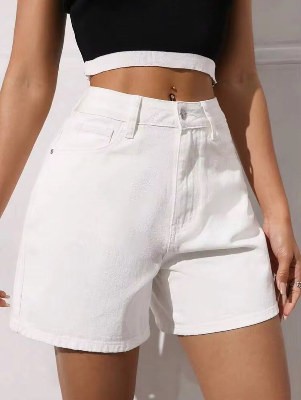 NEW SHEIN ICON White Denim Jean Loose Wide Leg Roll Up Hem 90s Shorts 28